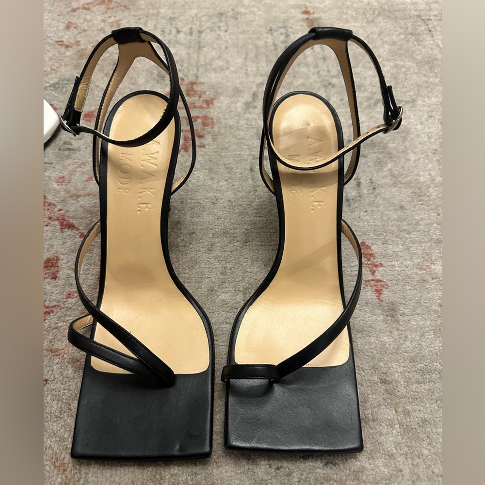 A.w.a.k.e mode asymmetric strap square toe leather heeled sandals- size 37